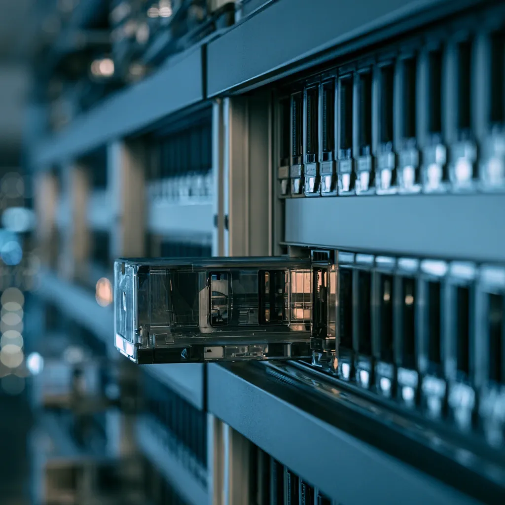 A storage array in a data centre, one drive module drawn part-way out of the rack.