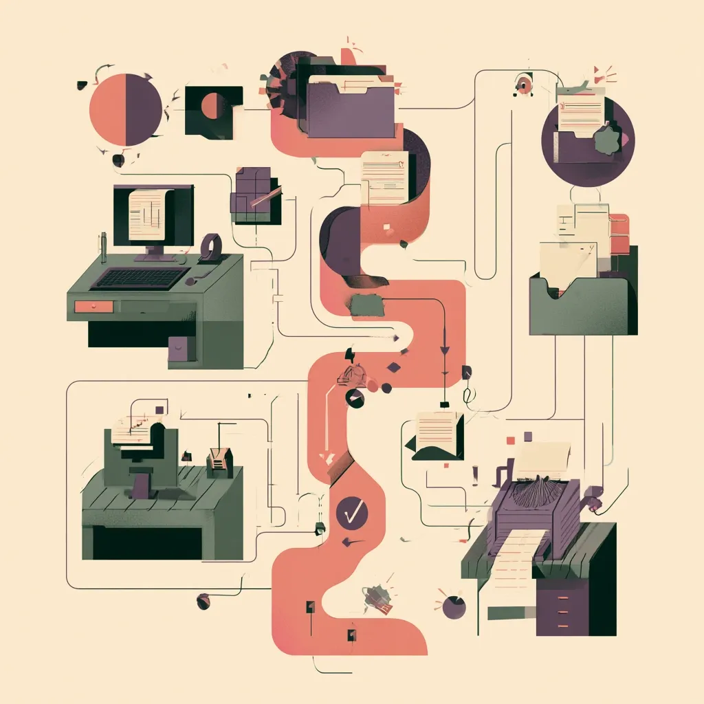 Desks, printers and filing units joined by one winding coral path, drawn flat.