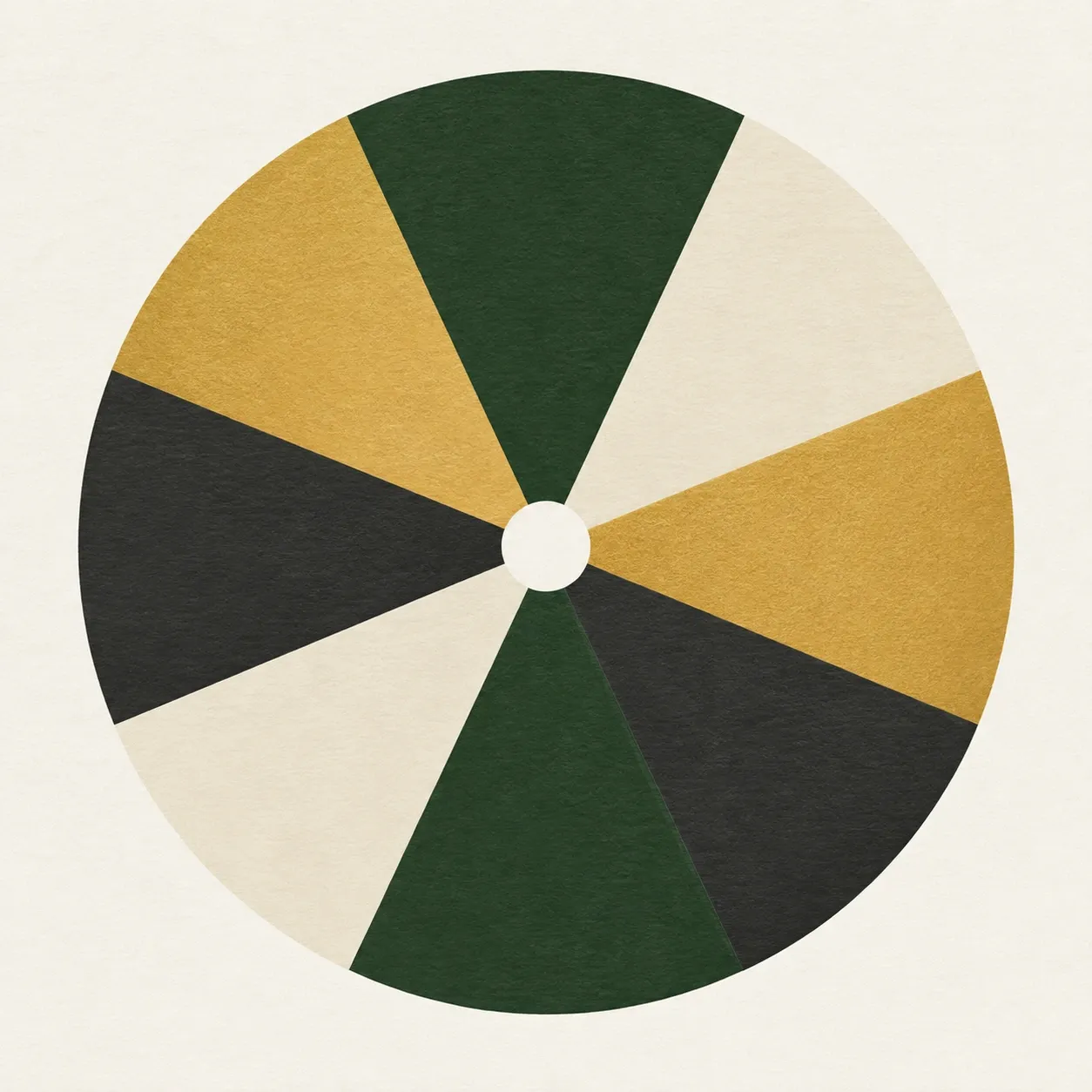A circle cut into eight equal wedges of cream, gold and dark green around a white hub.