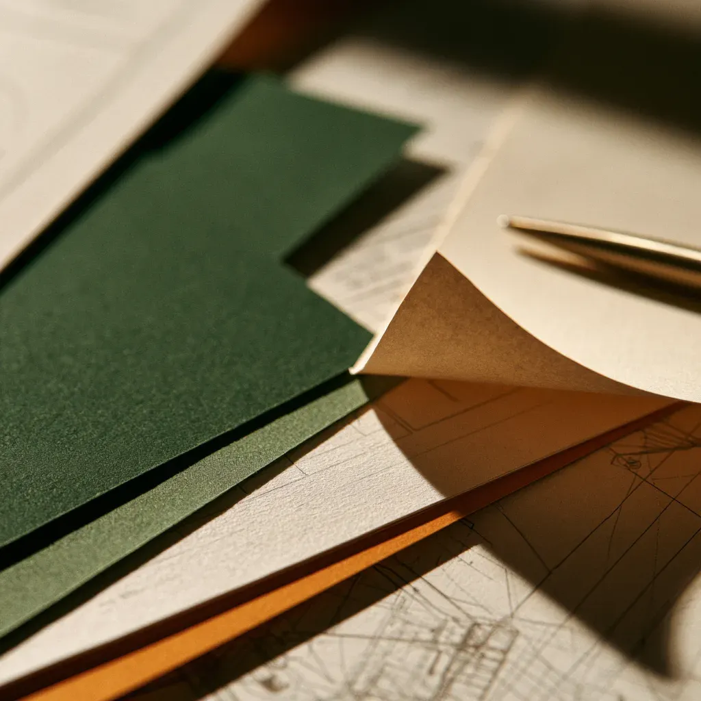 Dark green and tan paper samples fanned over a technical drawing, a gold pen beside them.