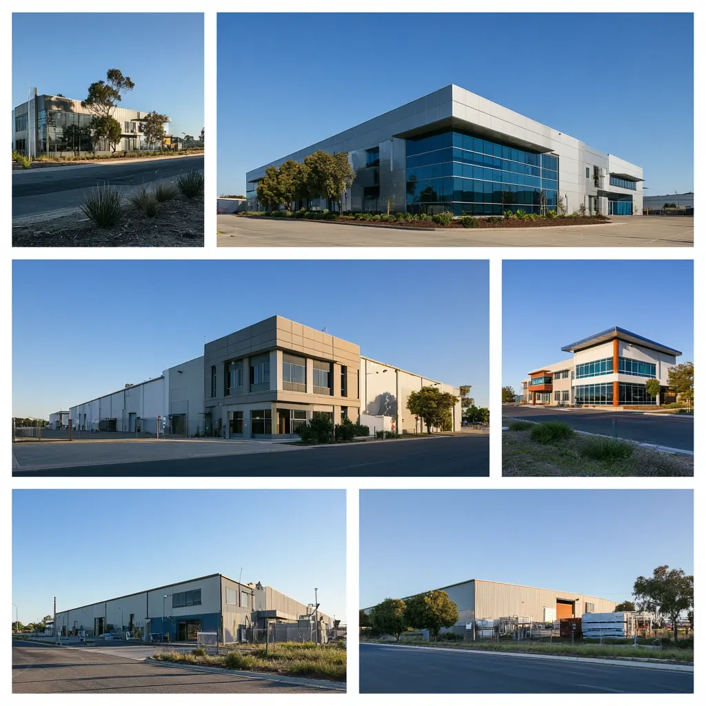 A grid of six photographs of low-rise commercial and industrial buildings.