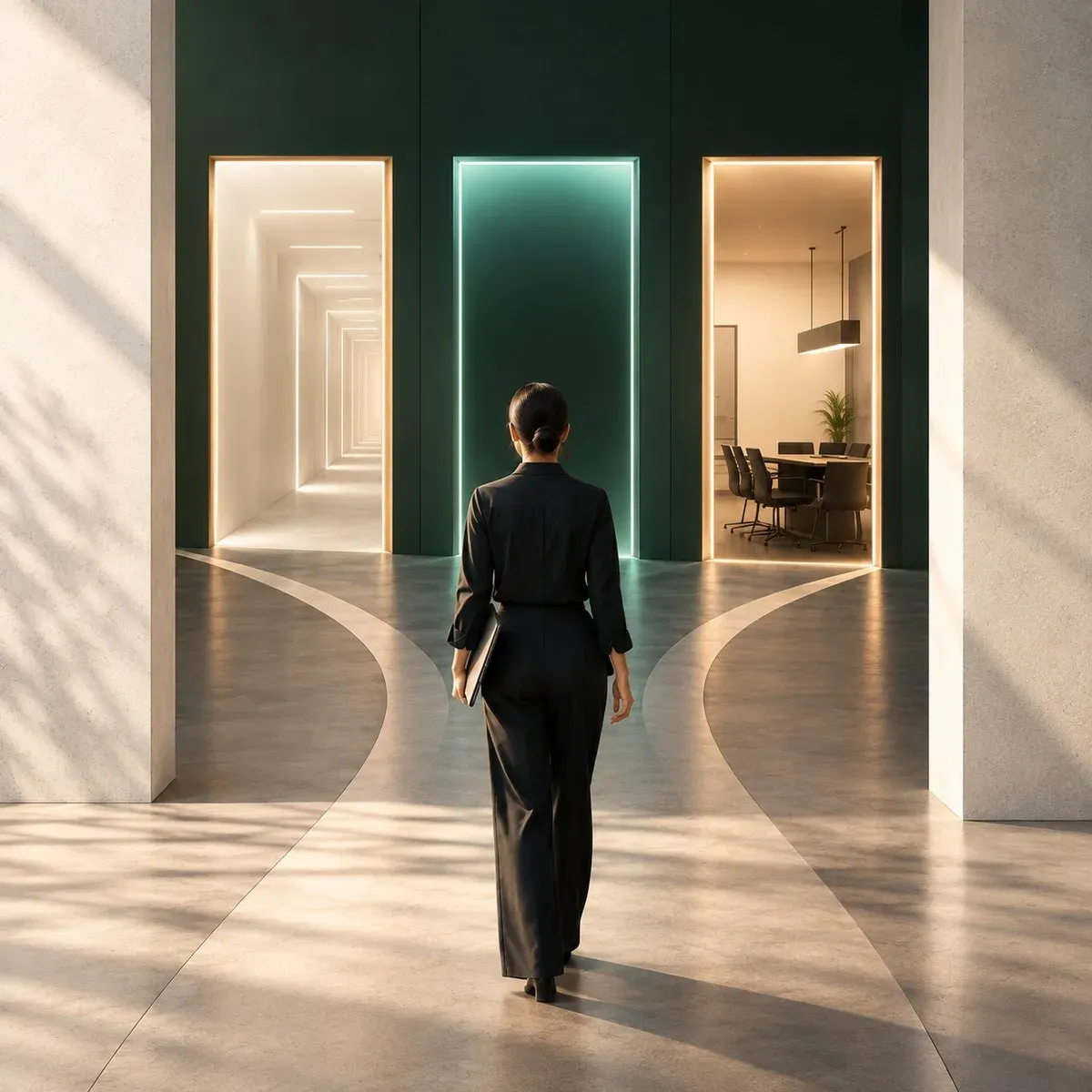 A person with a laptop faces three lit doorways: a long corridor, a green glow, a meeting room.