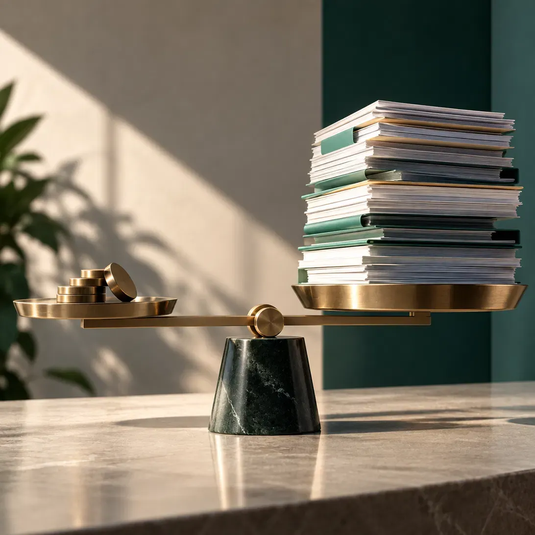 A brass balance scale on a marble desk, a few coins on one side and tall green files on the other.