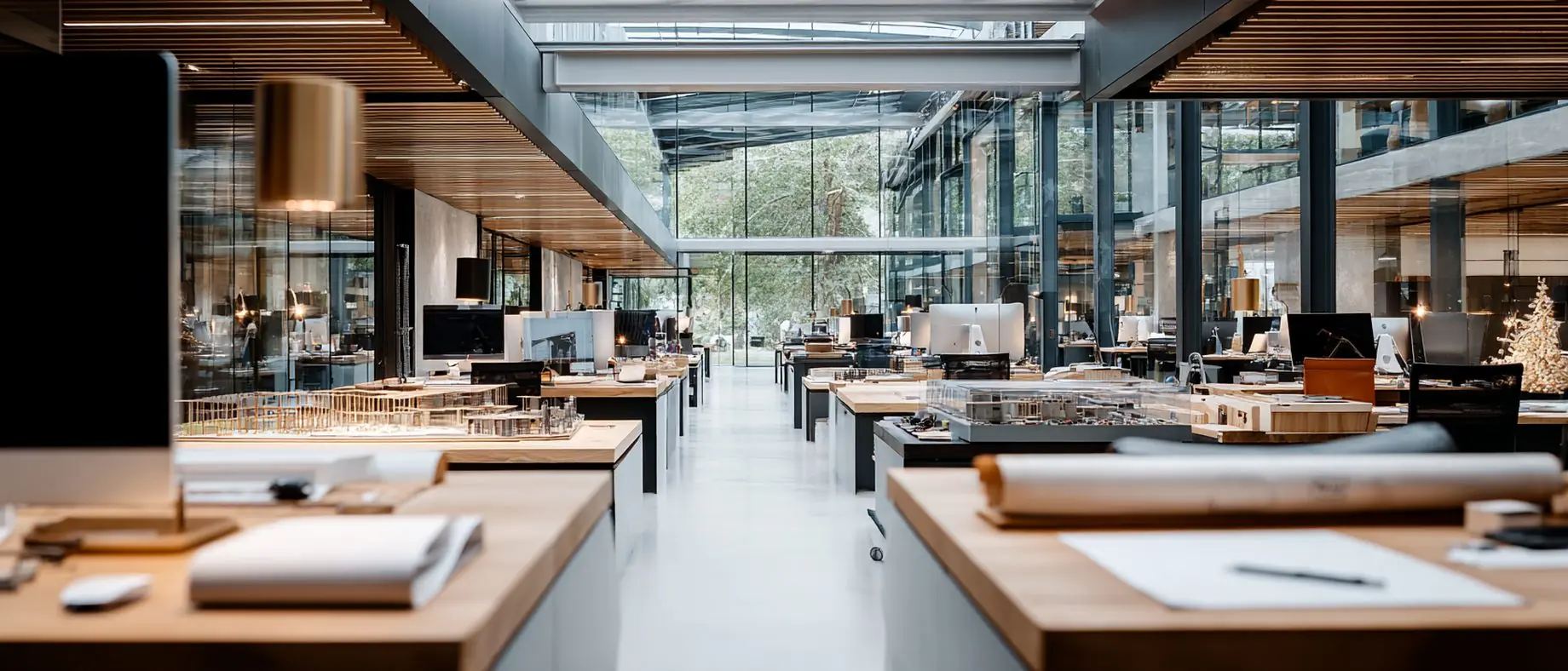 Bright architecture and design studio with physical models and rolled drawings on timber workbenches