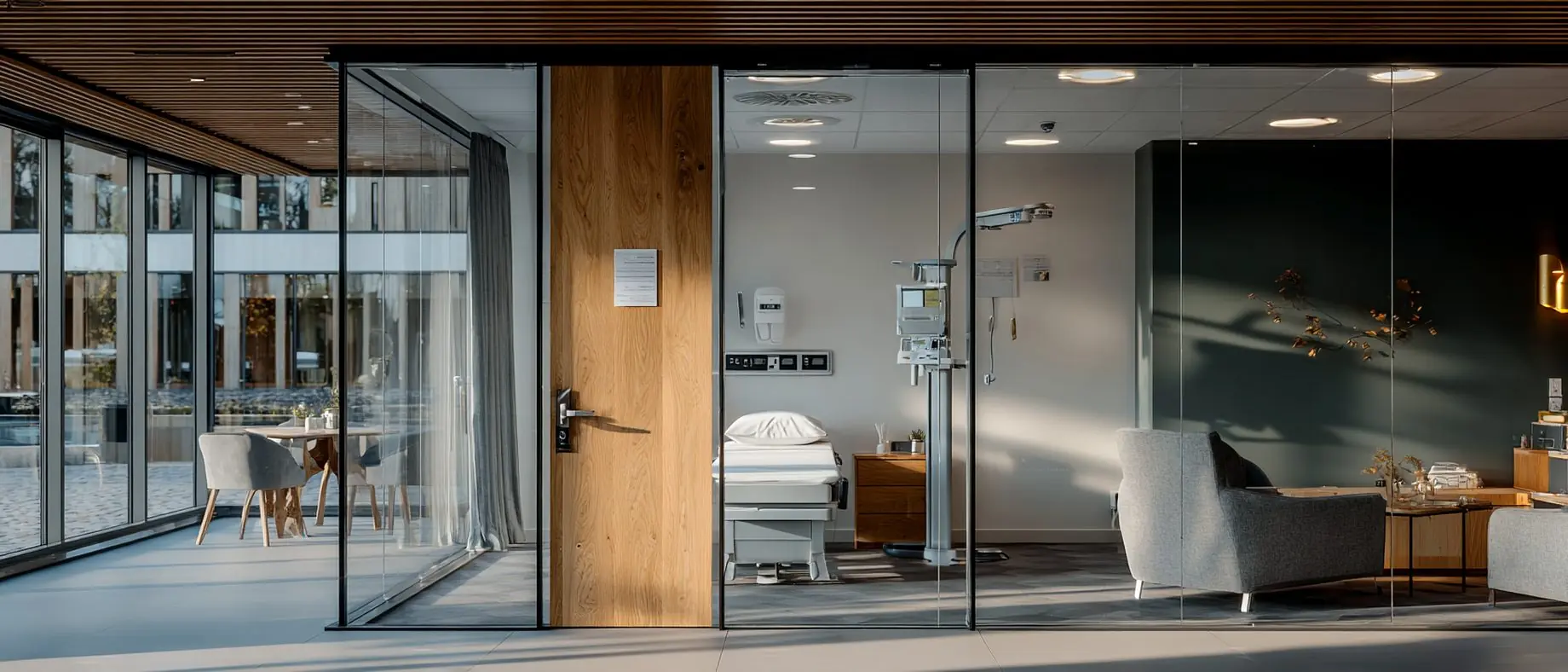 Modern medical clinic consultation room with examination bed seen through glass