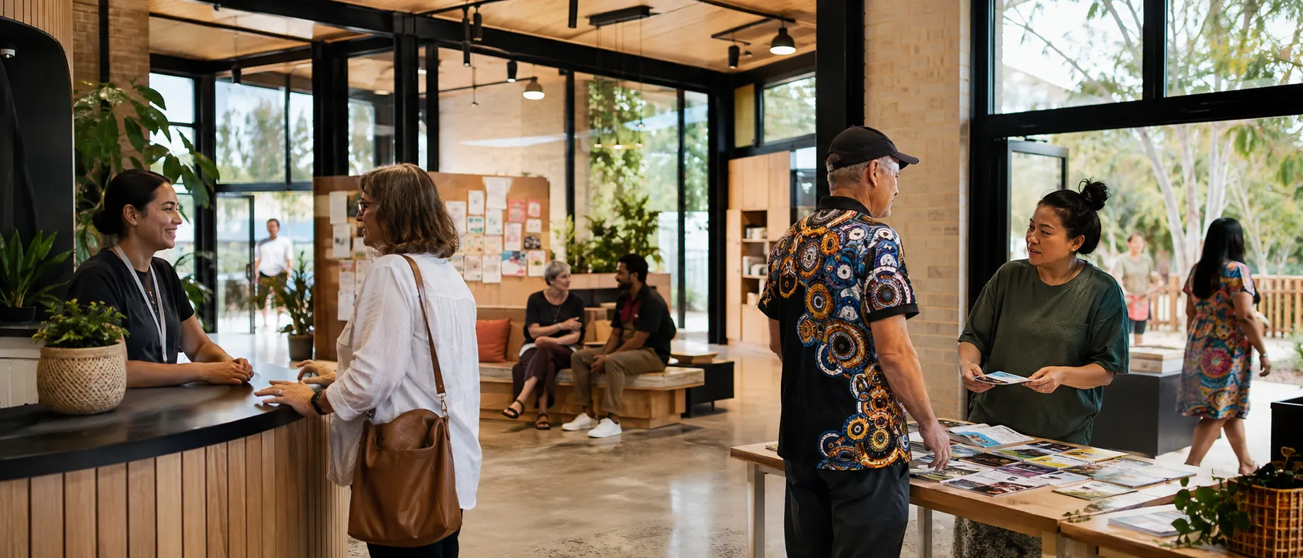 Community hub foyer with staff welcoming visitors at the front desk and volunteers nearby