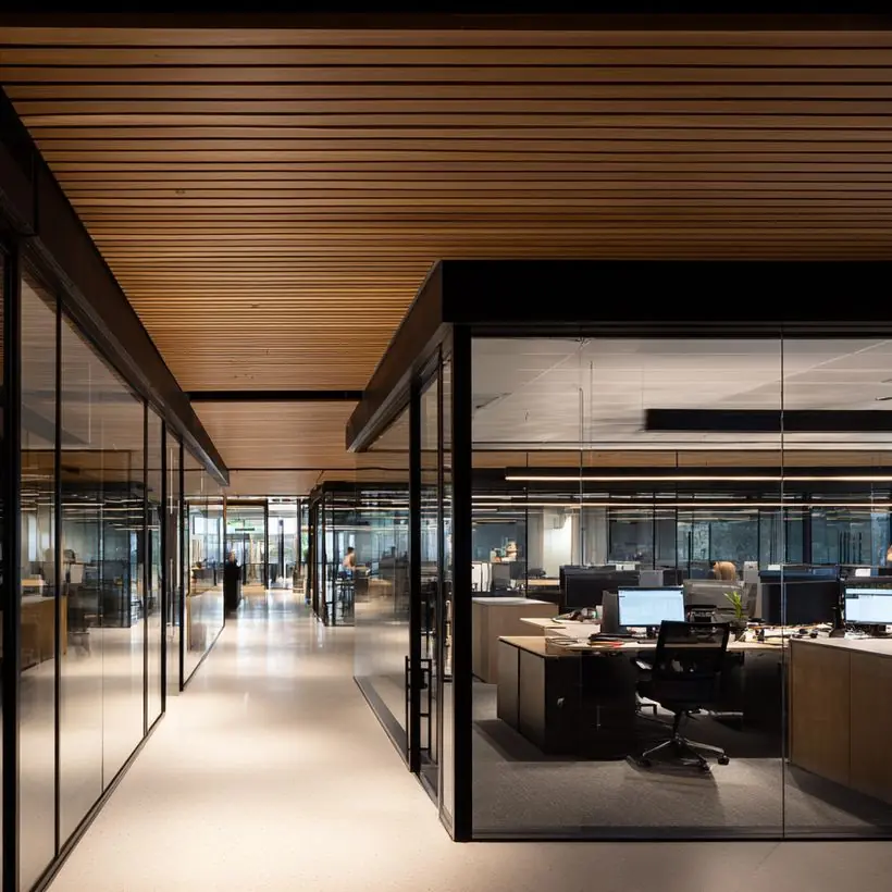 Corridor in a contemporary Australian office: timber slat ceiling, glass-partitioned work areas