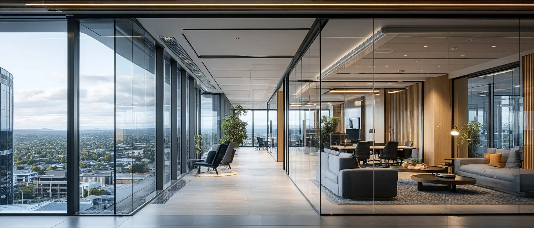 High-floor professional-services office with a panoramic city view and glass meeting rooms