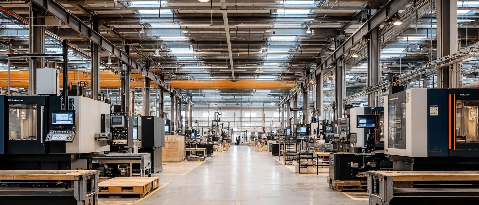 Clean modern manufacturing hall with CNC machines under skylights
