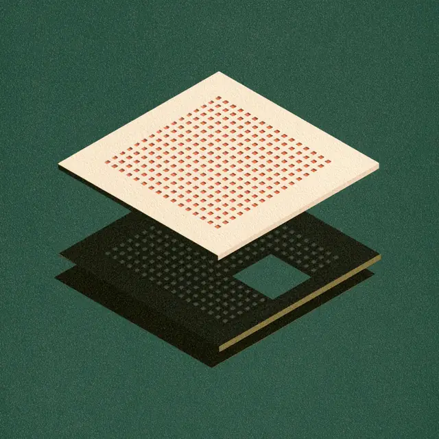 Editorial cover: two layered chips, the top plate lifted to reveal the sockets beneath