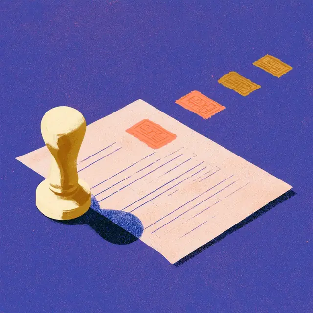 Editorial cover: a stamp applying approvals to a document, more lifting away