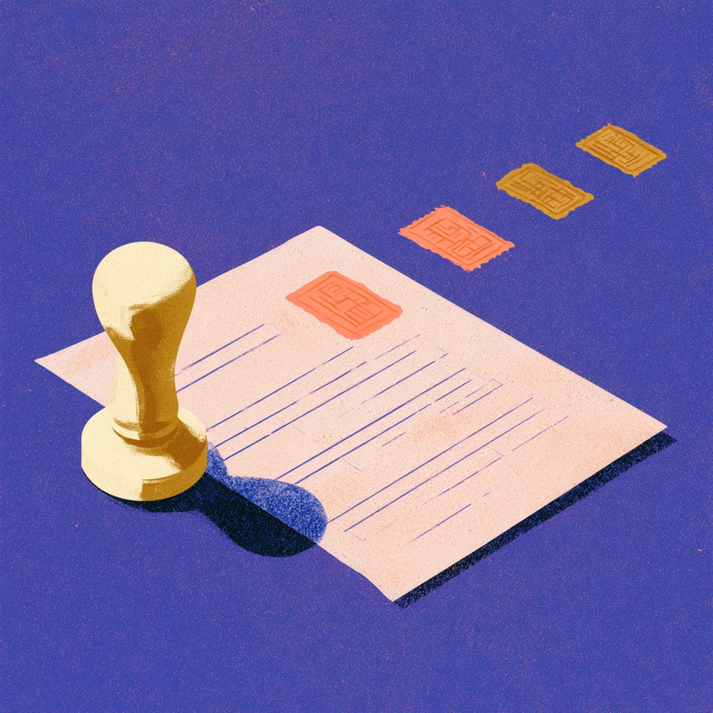 Editorial cover: a stamp applying approvals to a document, more lifting away