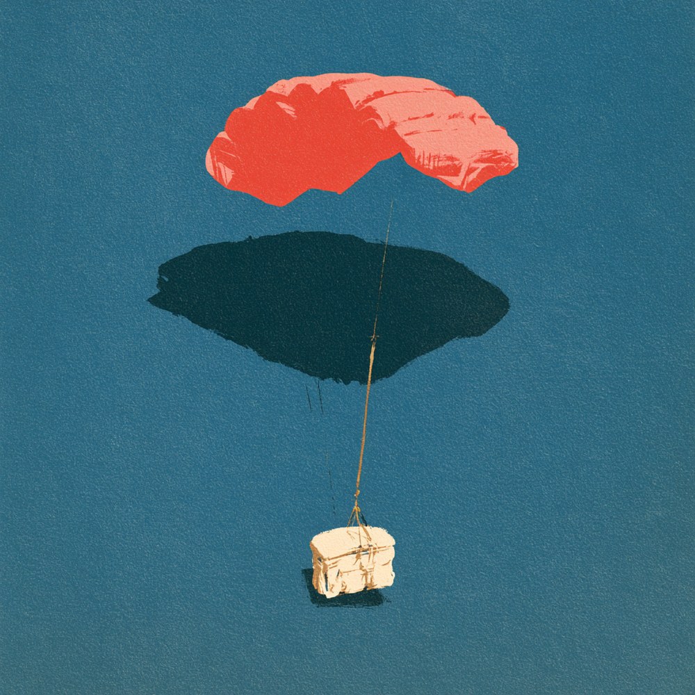 Editorial cover: a package descending intact beneath a parachute