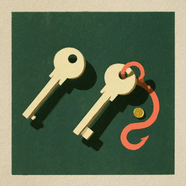Editorial cover: two keys, one being lifted away by a hook