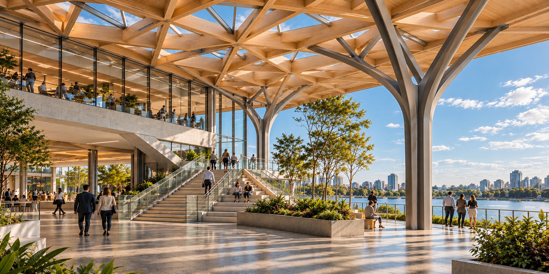 A timber and steel canopy over a glazed building and waterfront plaza, with people on a broad stair