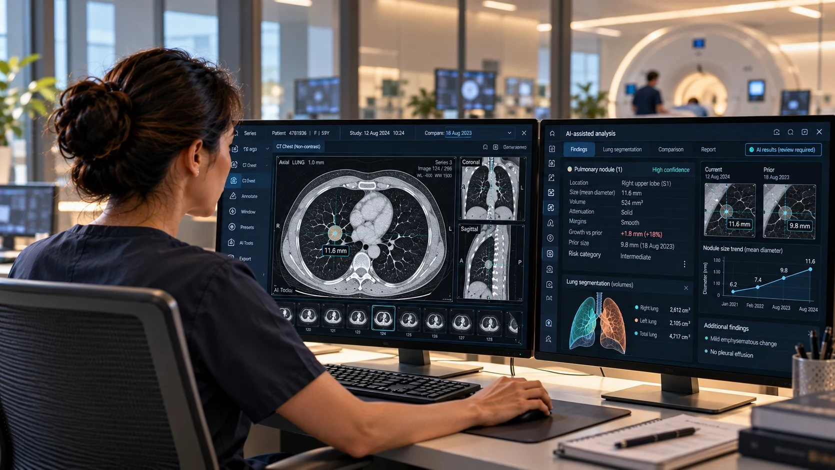 Clinician reviewing a chest CT on a dual-monitor imaging workstation with AI-assisted analysis