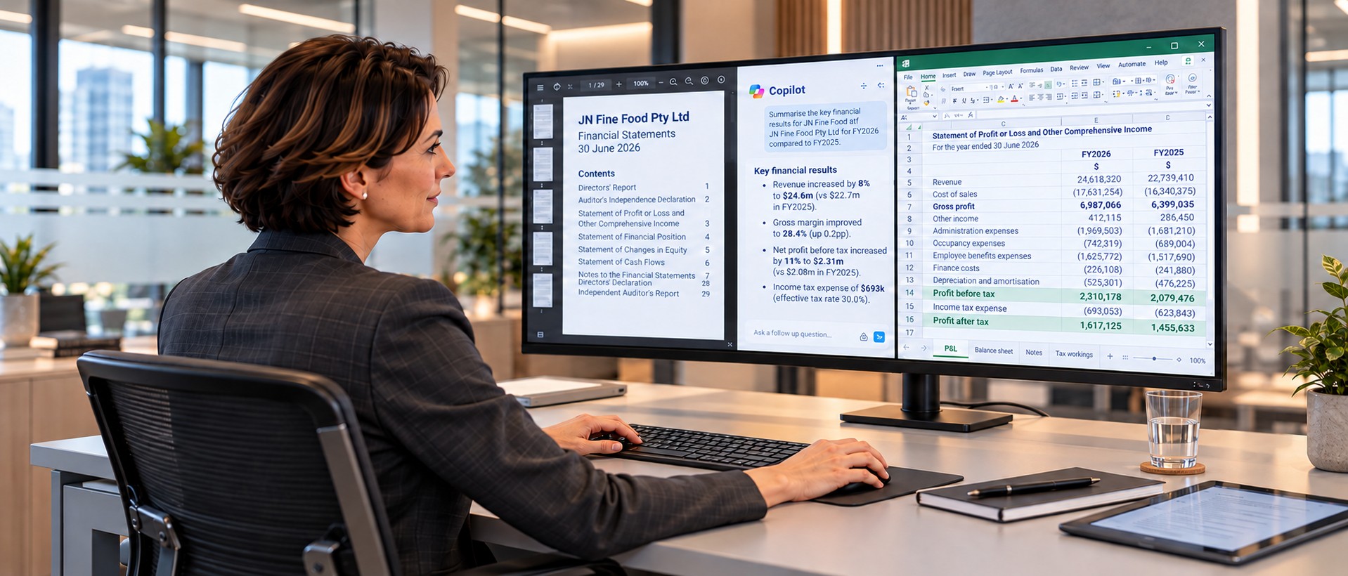 Accountant reviewing year-end financials, with Microsoft 365 Copilot summarising the P&L in Excel