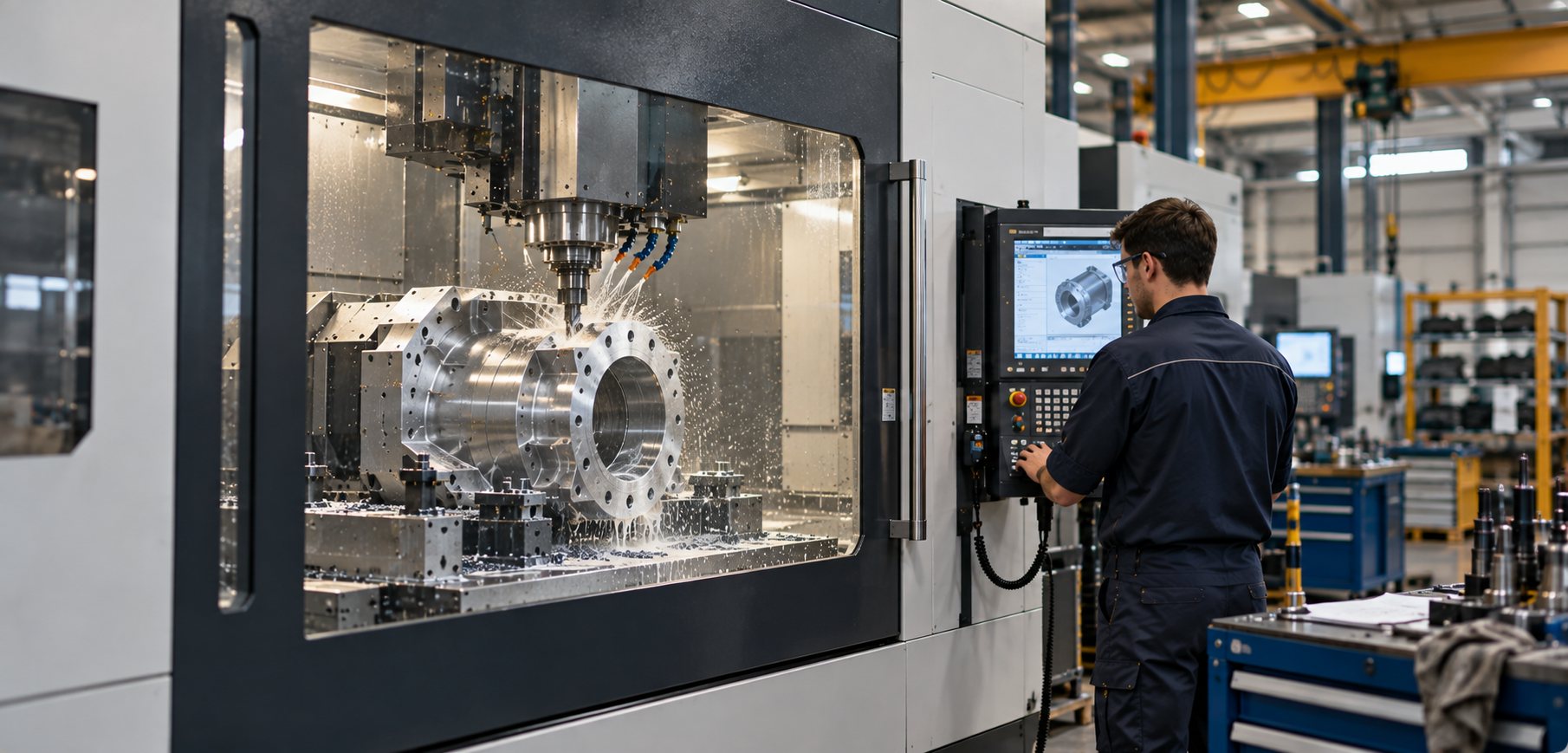 A machinist at the control panel of a CNC machining centre milling a precision steel component