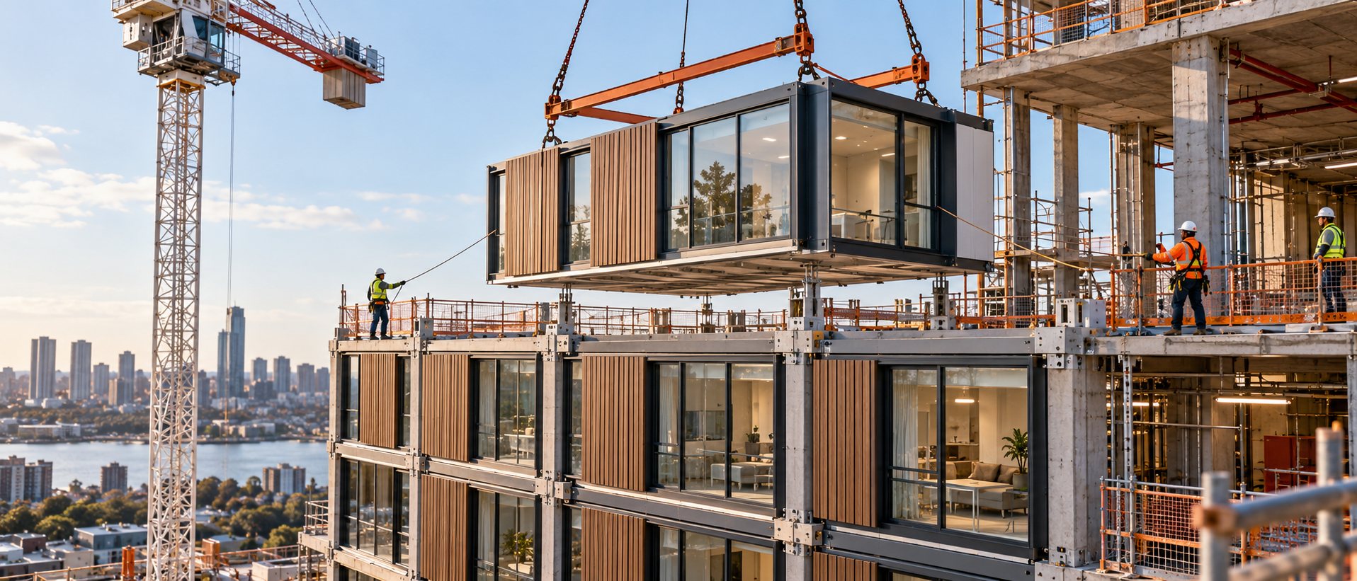 A prefabricated apartment module craned into place on a mid-rise modular building