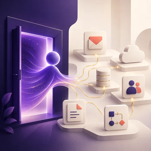 A violet doorway with a figure stepping through, light threads running to floating data tiles.
