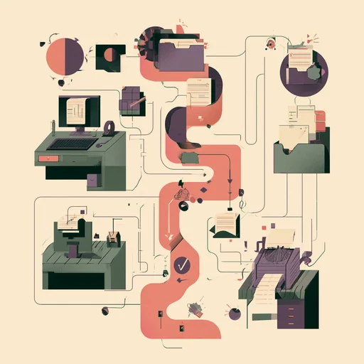 Desks, printers and filing units joined by one winding coral path, drawn flat.