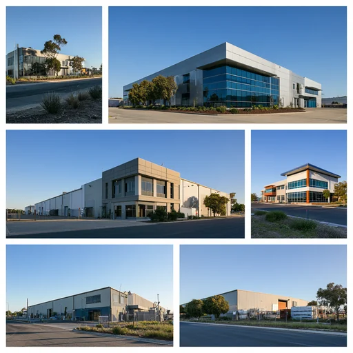 A grid of six photographs of low-rise commercial and industrial buildings.