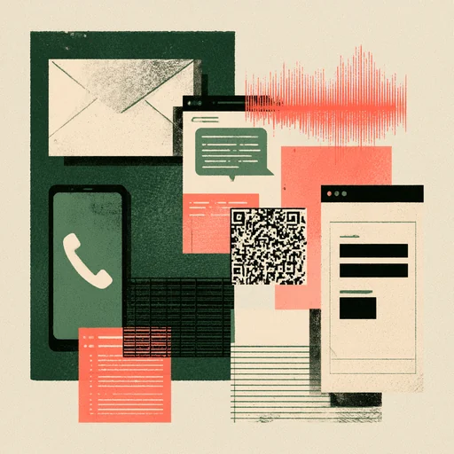 A collage of an envelope, a phone mid-call, chat bubbles, a QR code and a red waveform.