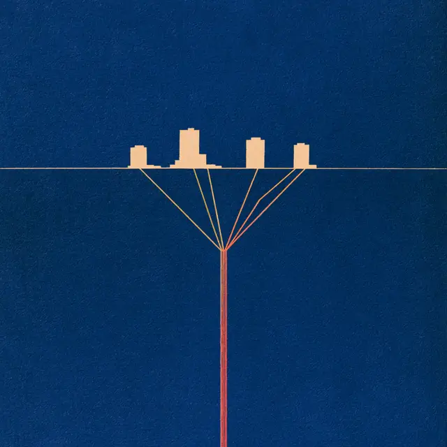 Editorial cover: a city skyline resting on converging network lines